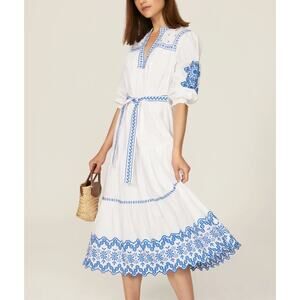 Shoshanna Blue White Tier Ruffle Midi Dress SMALL Greek Cottage Embroidered $385